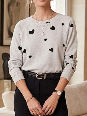 Monrow Womens Heart Print Raglan Sweatshirt Heather‎ Grey Black HT0257-32 Large